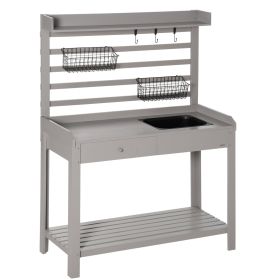 Outsunny Garden Potting Bench Table with Metal Sieve Screen Removable Sink Hooks Baskets Grey